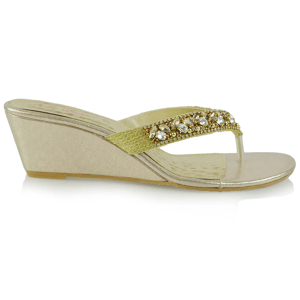 DELILAH TOE POST FRONT DIAMANTE STRAPPY WEDGE LOW MID HEEL THONG SANDALS IN GOLD