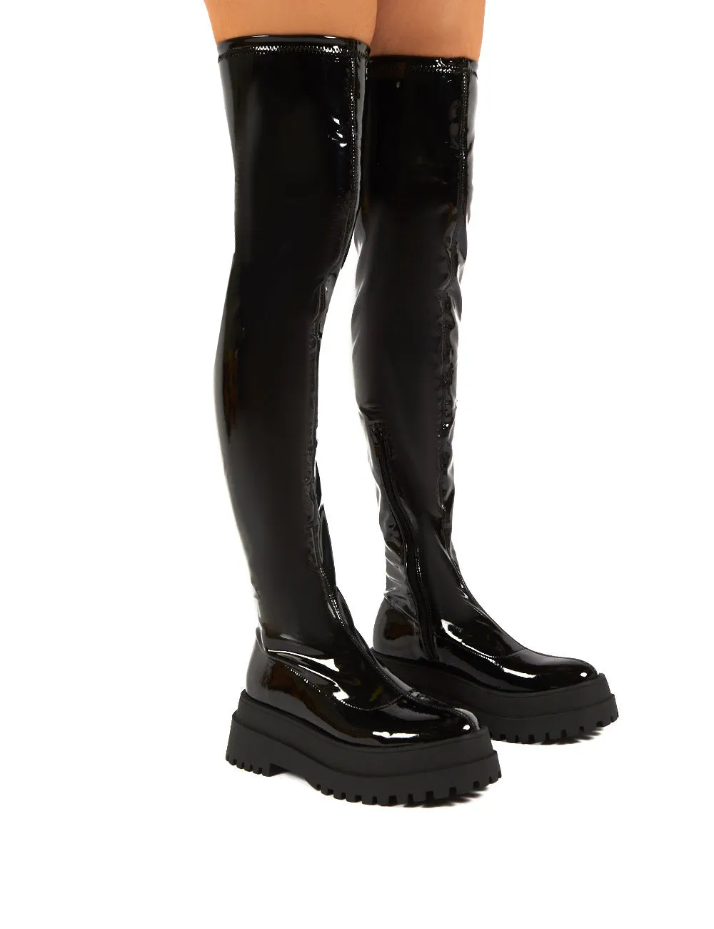 Disclosure Black Patent Over The Knee Thigh High Chunky Boots