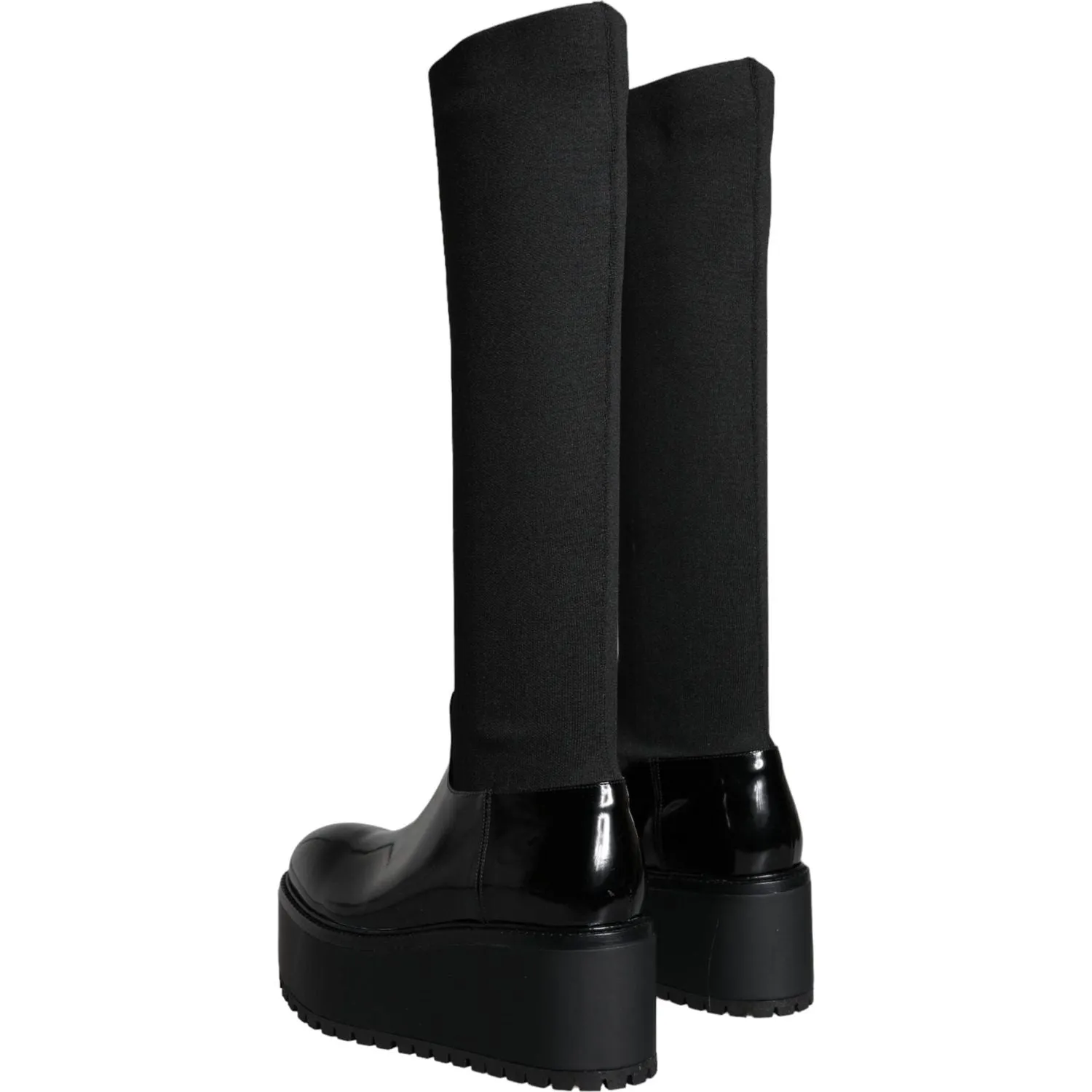 Dolce & Gabbana Black Leather Jersey Knee High Boots Shoes