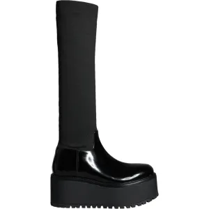 Dolce & Gabbana Black Leather Jersey Knee High Boots Shoes