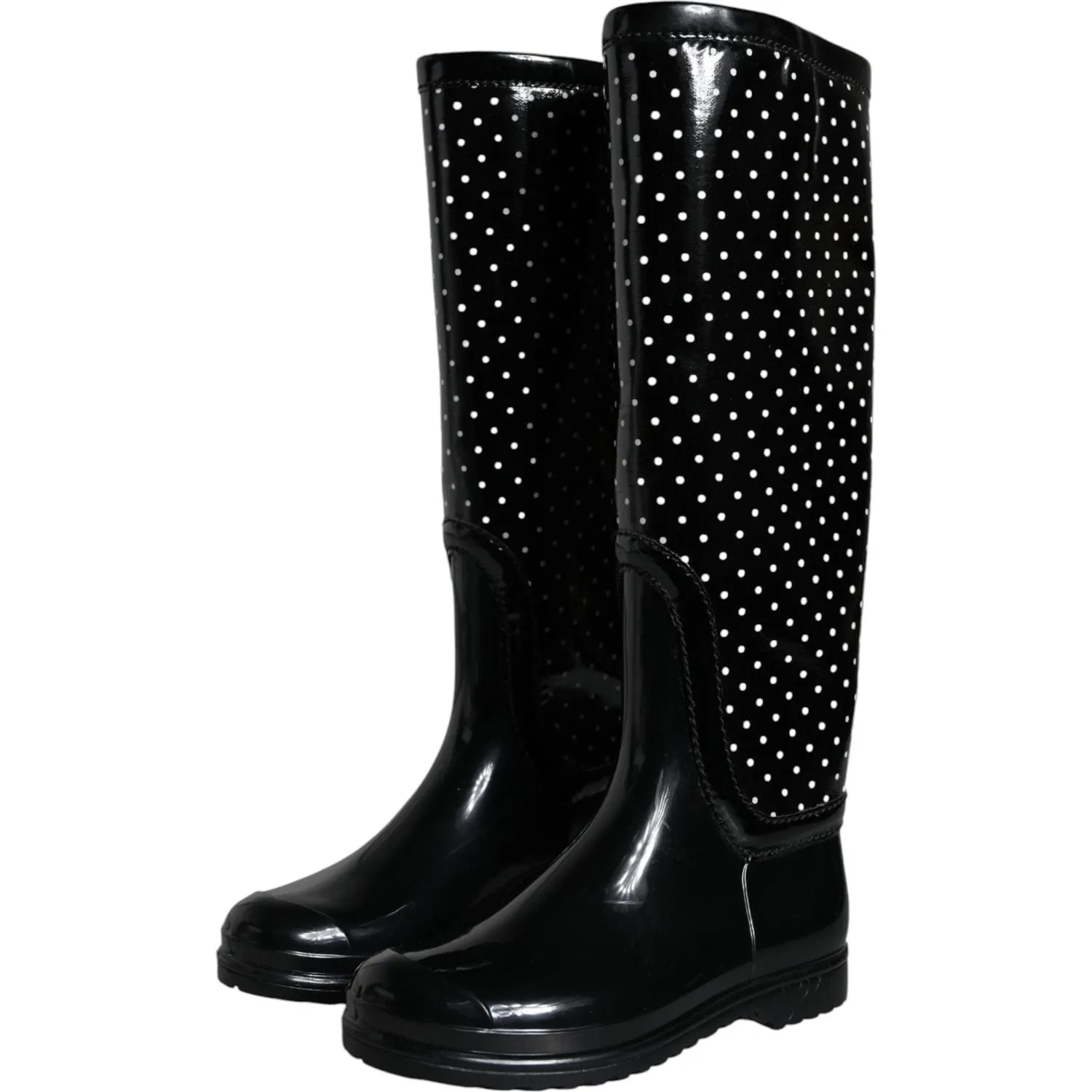 Dolce & Gabbana Black Polka Dot Rubber Knee High Boots Shoes