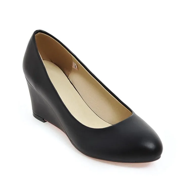 Elegant round toe office daily wedge pumps