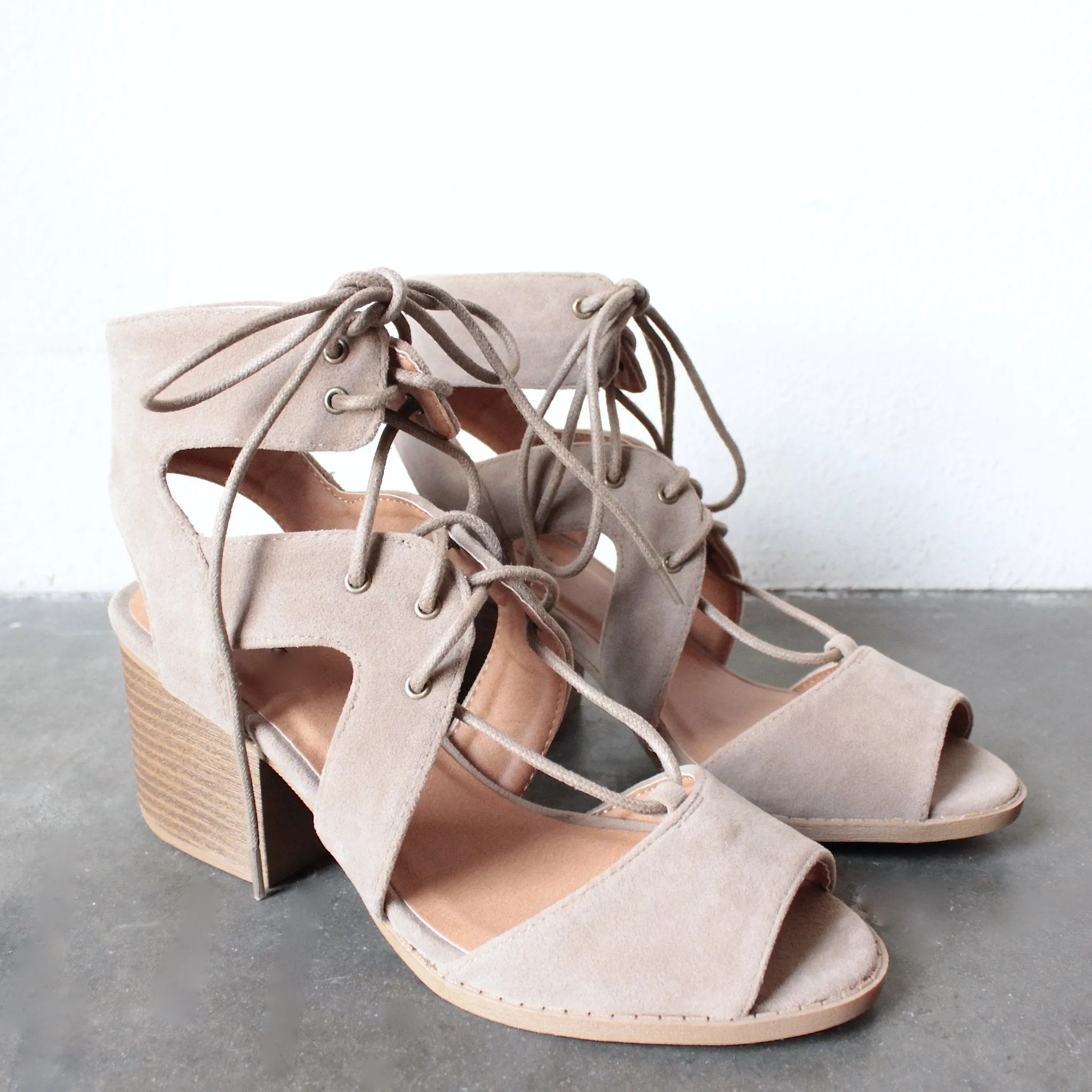 Final Sale - Lace Up Cut Out Heeled Sandals in Taupe