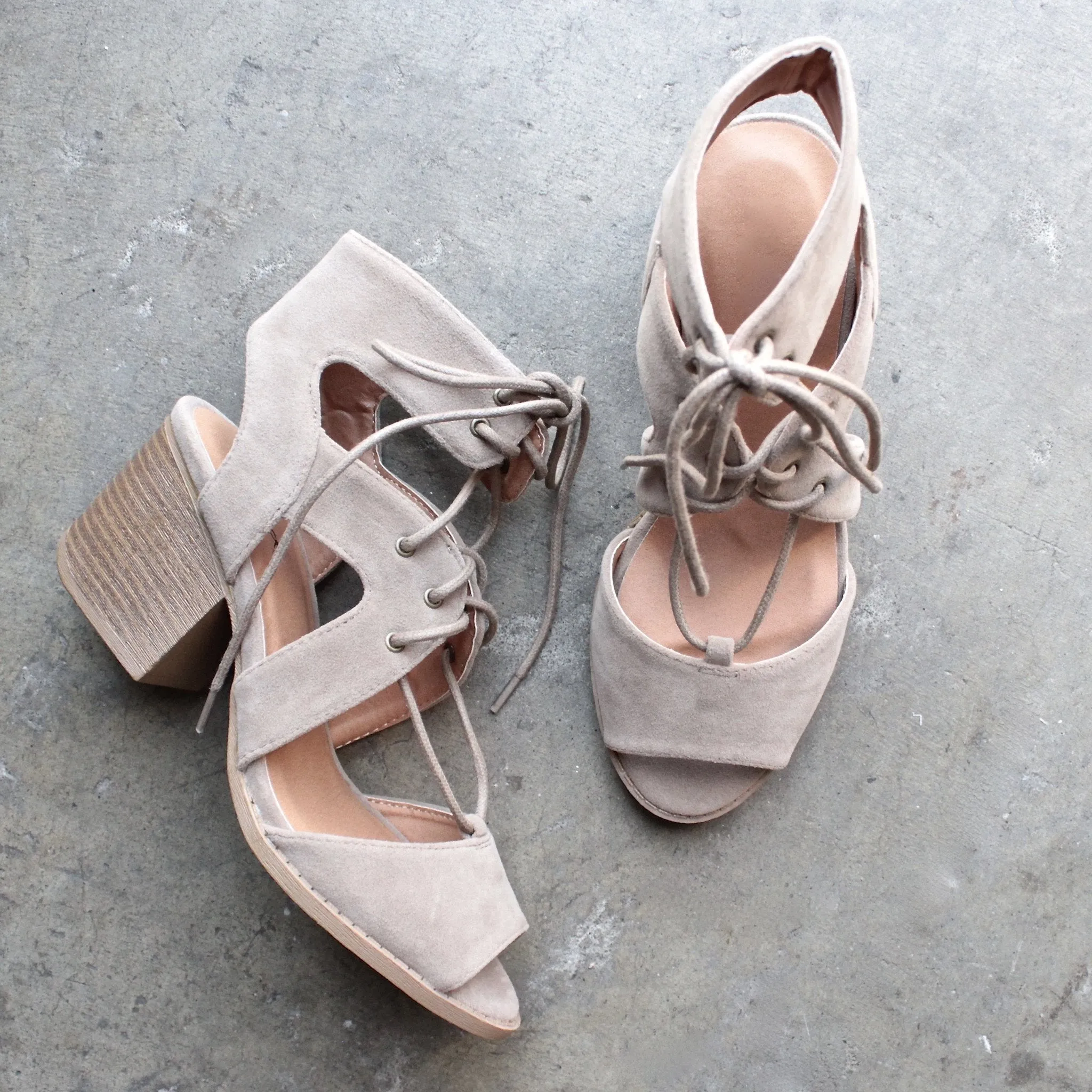 Final Sale - Lace Up Cut Out Heeled Sandals in Taupe