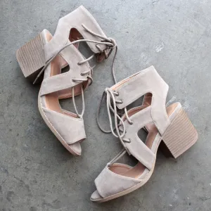 Final Sale - Lace Up Cut Out Heeled Sandals in Taupe