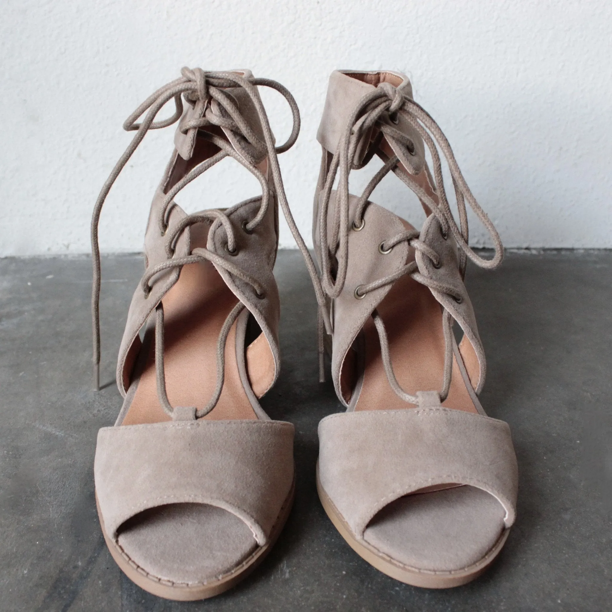 Final Sale - Lace Up Cut Out Heeled Sandals in Taupe