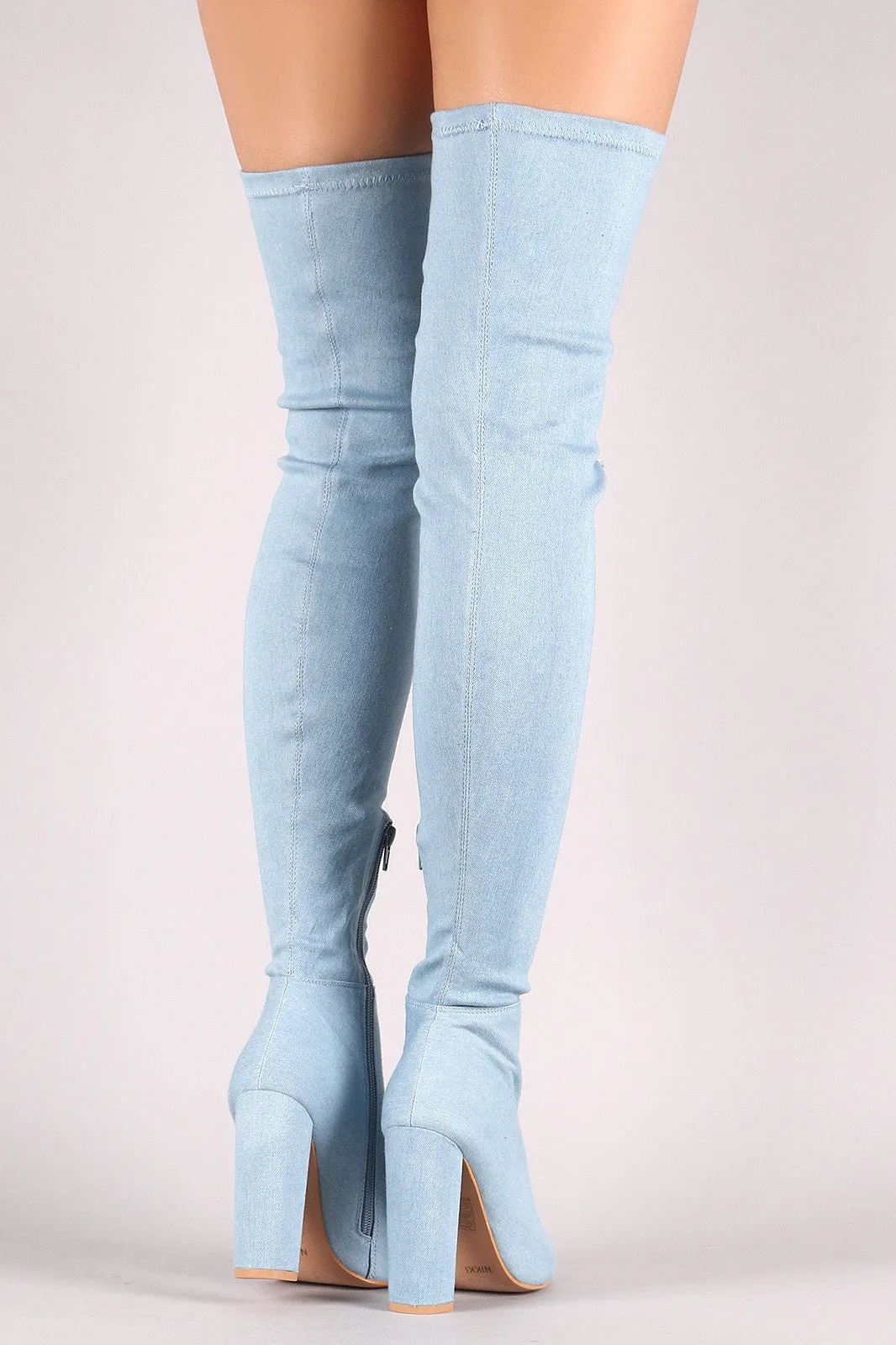 Fitted Ripped Denim Chunky Heeled Over-The-Knee Boots