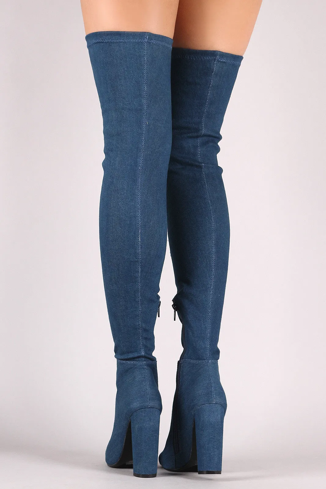 Fitted Ripped Denim Chunky Heeled Over-The-Knee Boots