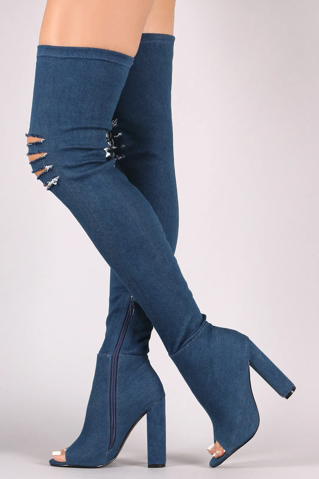 Fitted Ripped Denim Chunky Heeled Over-The-Knee Boots