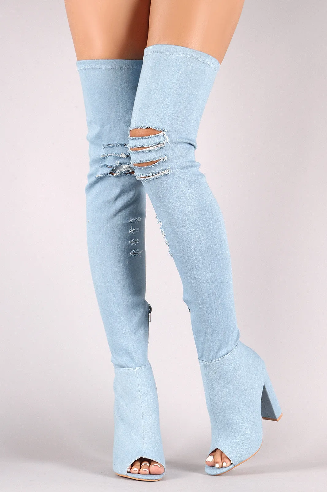 Fitted Ripped Denim Chunky Heeled Over-The-Knee Boots