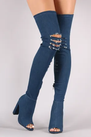 Fitted Ripped Denim Chunky Heeled Over-The-Knee Boots