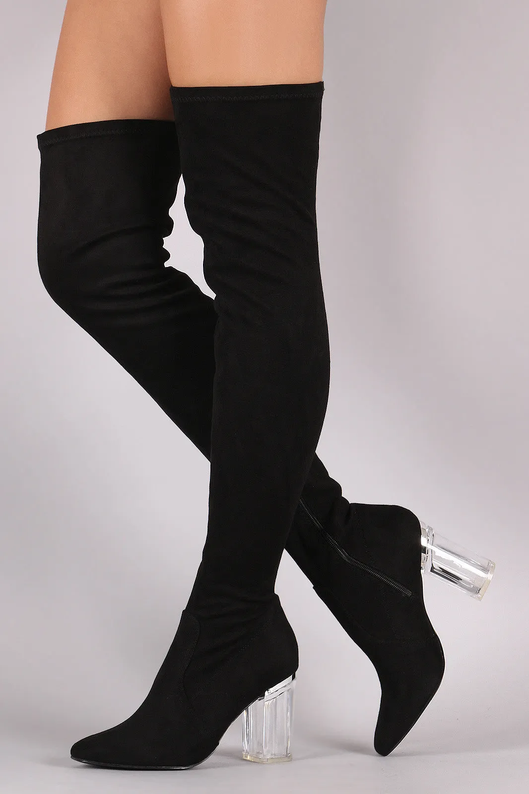 Fitted Suede Lucite Chunky Heeled Over-The-Knee Boots