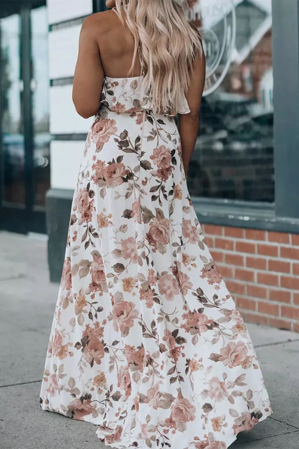 Floral Slit Ruffled Halterneck Maxi Dress