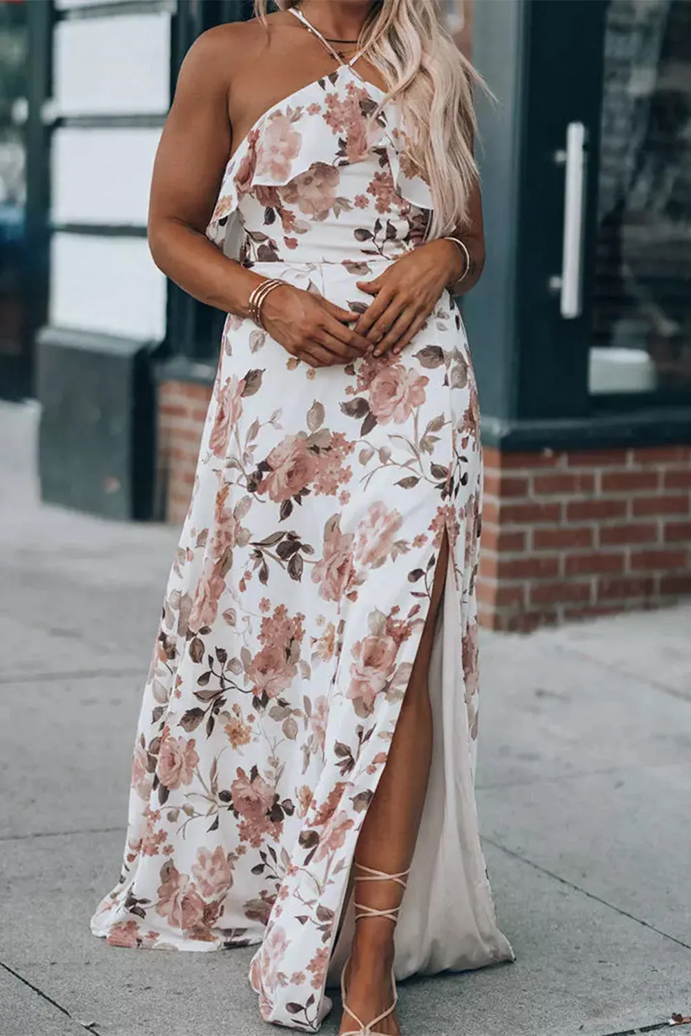 Floral Slit Ruffled Halterneck Maxi Dress