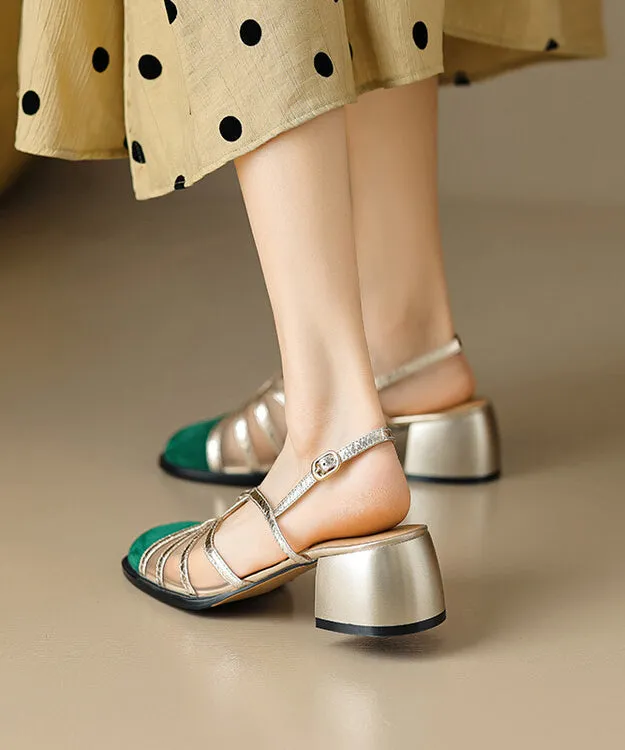 French Green Hollow Out Tulle Splicing Chunky Heel Sandals XC1040