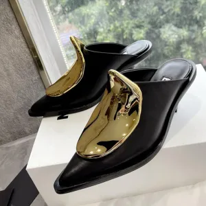 French Style Pointed Toe Kitten Heel Muller Closed-toe Slippers Metal Decoration