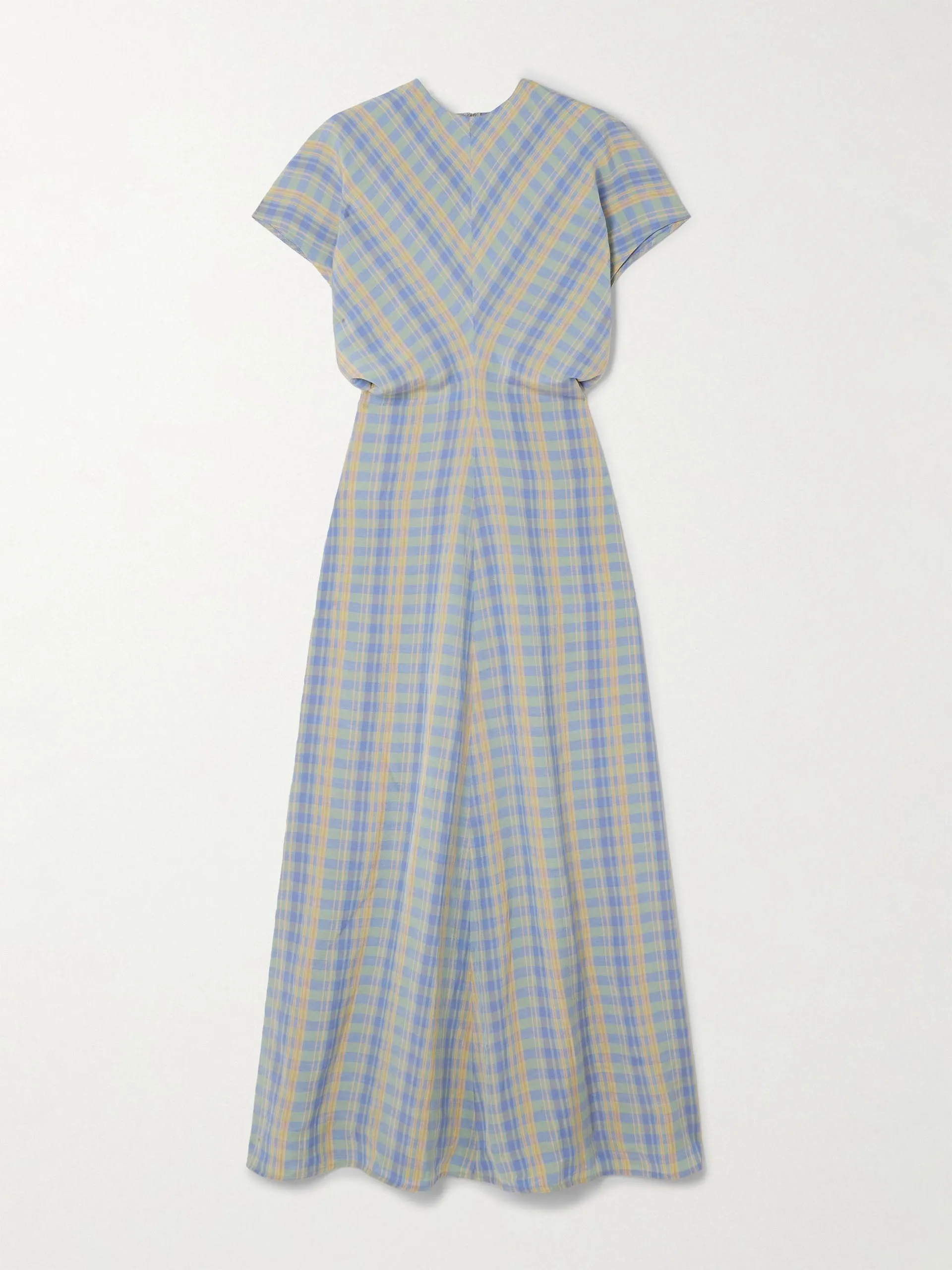 Gathered checked linen-blend maxi dress