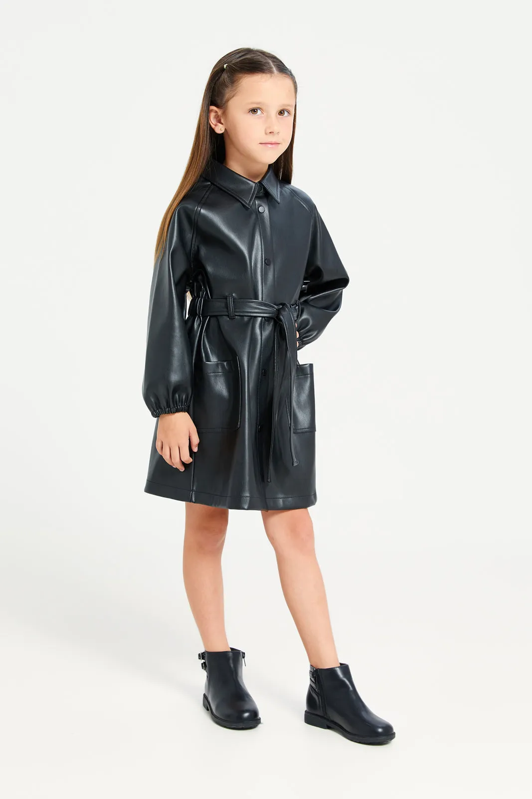 Girls Black Belted Dress