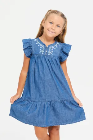 Girls Blue Denim Embroidered Dress