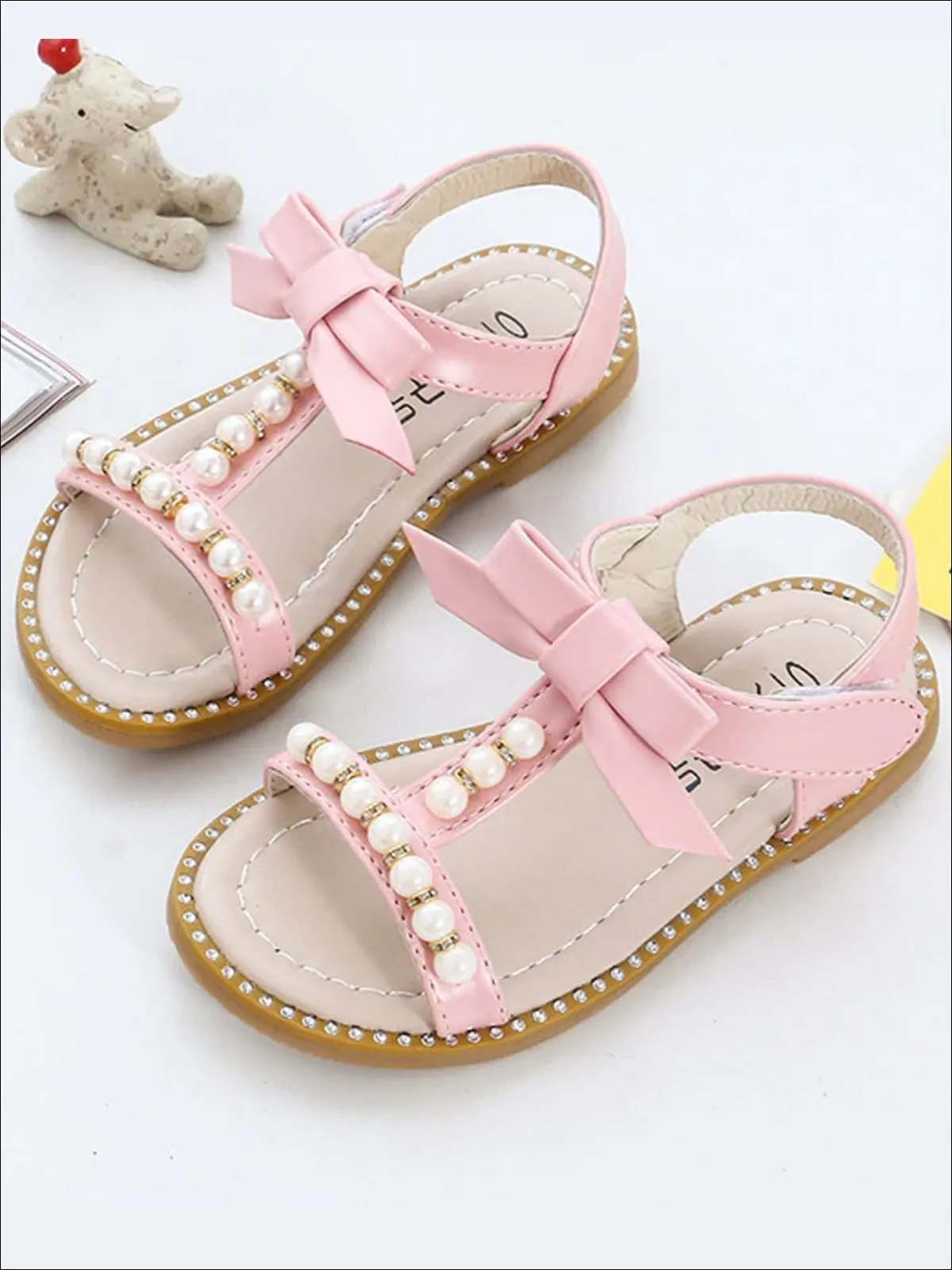 Girls Bow Strap Pearl Embellished Sandals By Liv and Mia