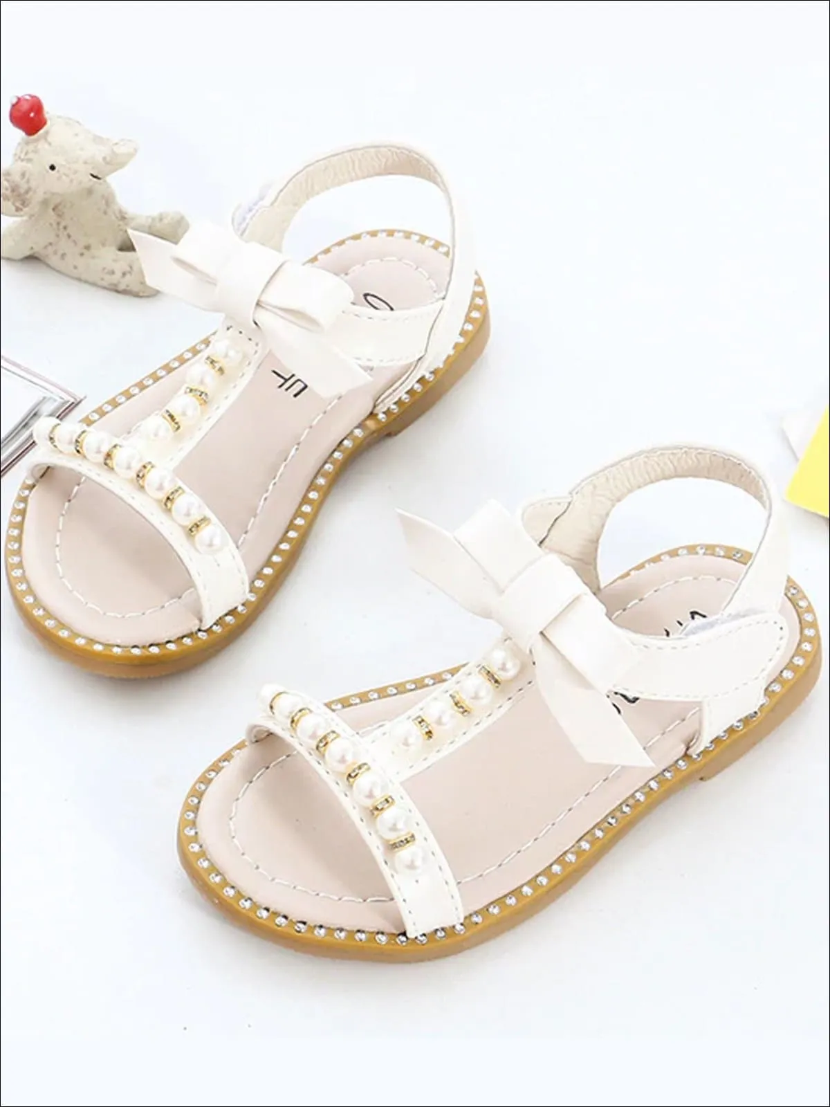 Girls Bow Strap Pearl Embellished Sandals By Liv and Mia