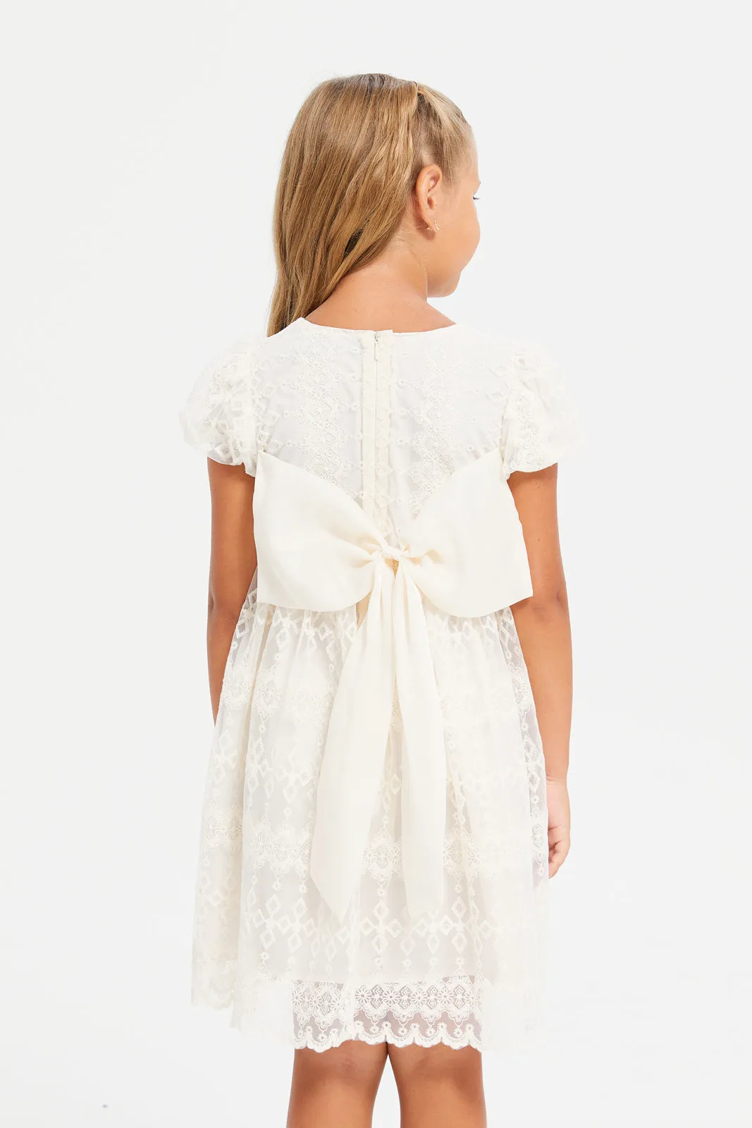 Girls Cream Embroidered Dress