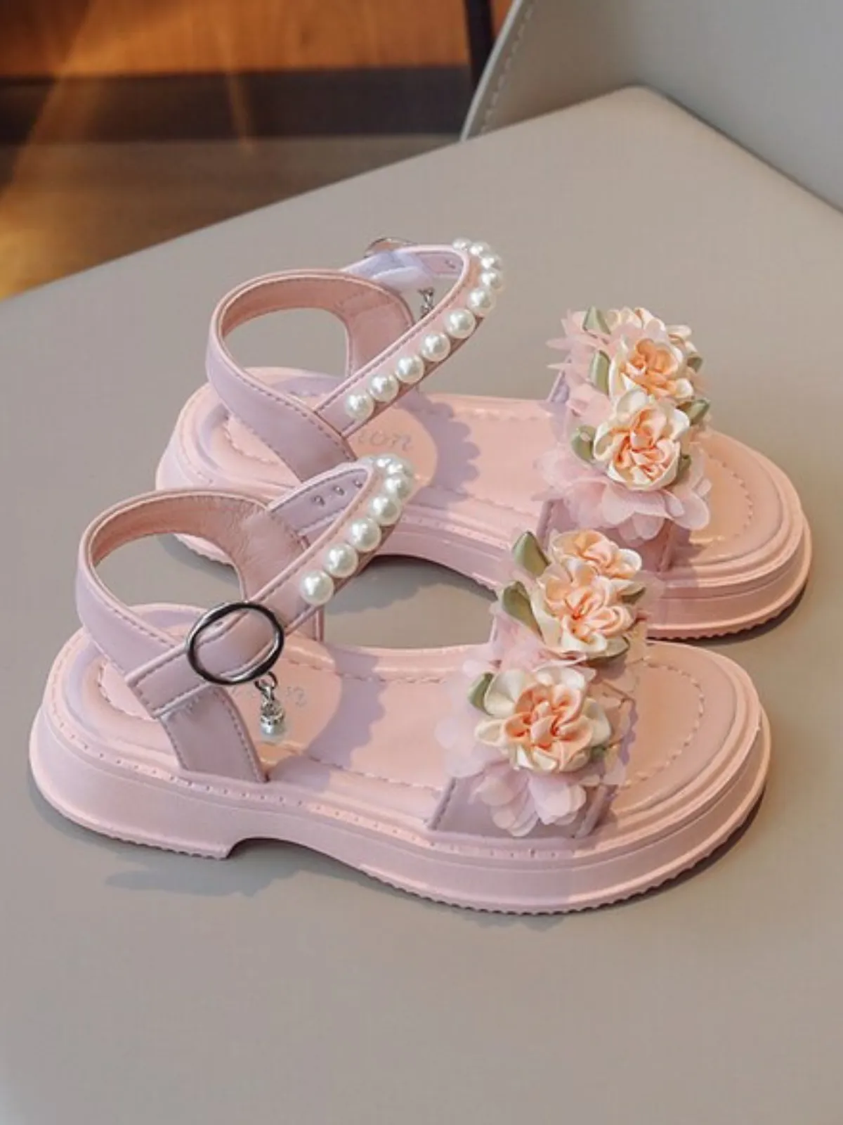 Girls Flower Gorgeous Pearled Sandals by Liv and Mia