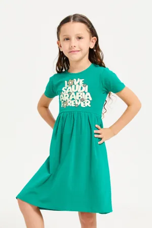 Girls Green Love Saudi Arabia Print Dress