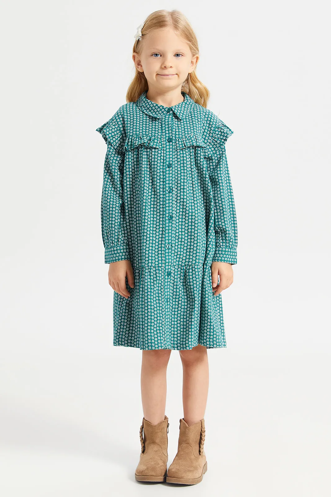 Girls Green Printed Dress