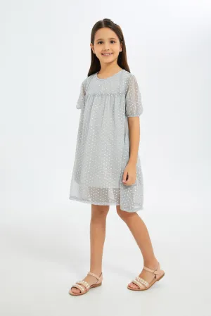 Girls Grey Layered Mesh Embroidered Dress