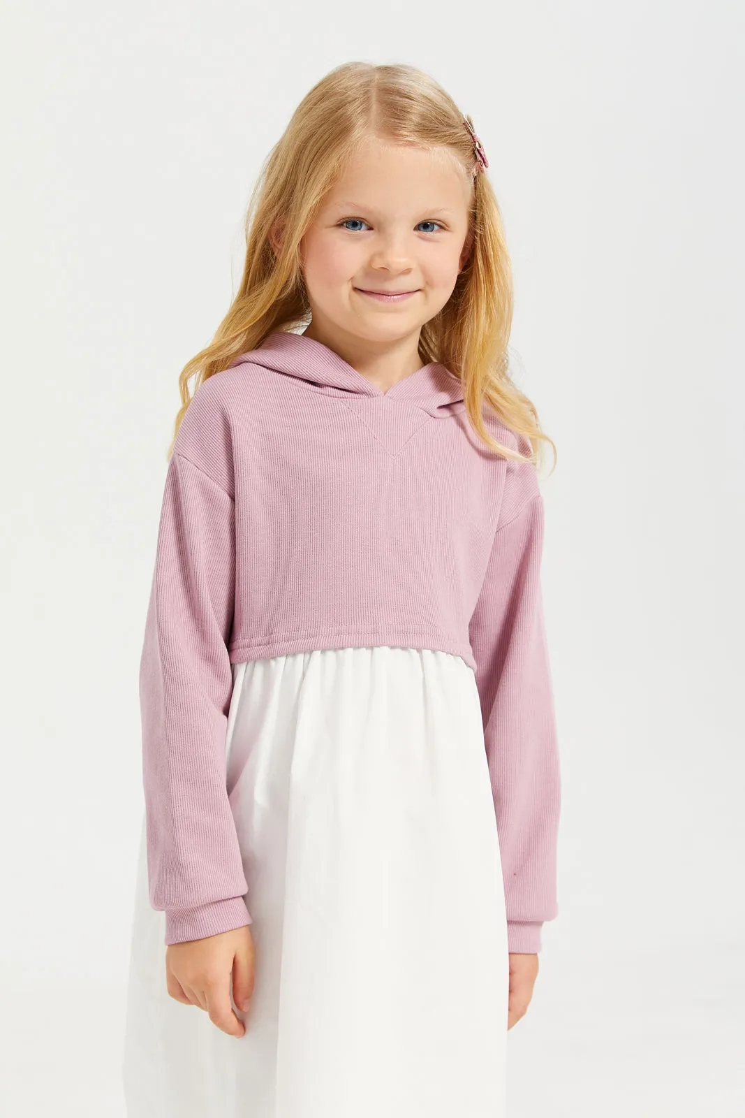 Girls Mauve And White Hooded Dress