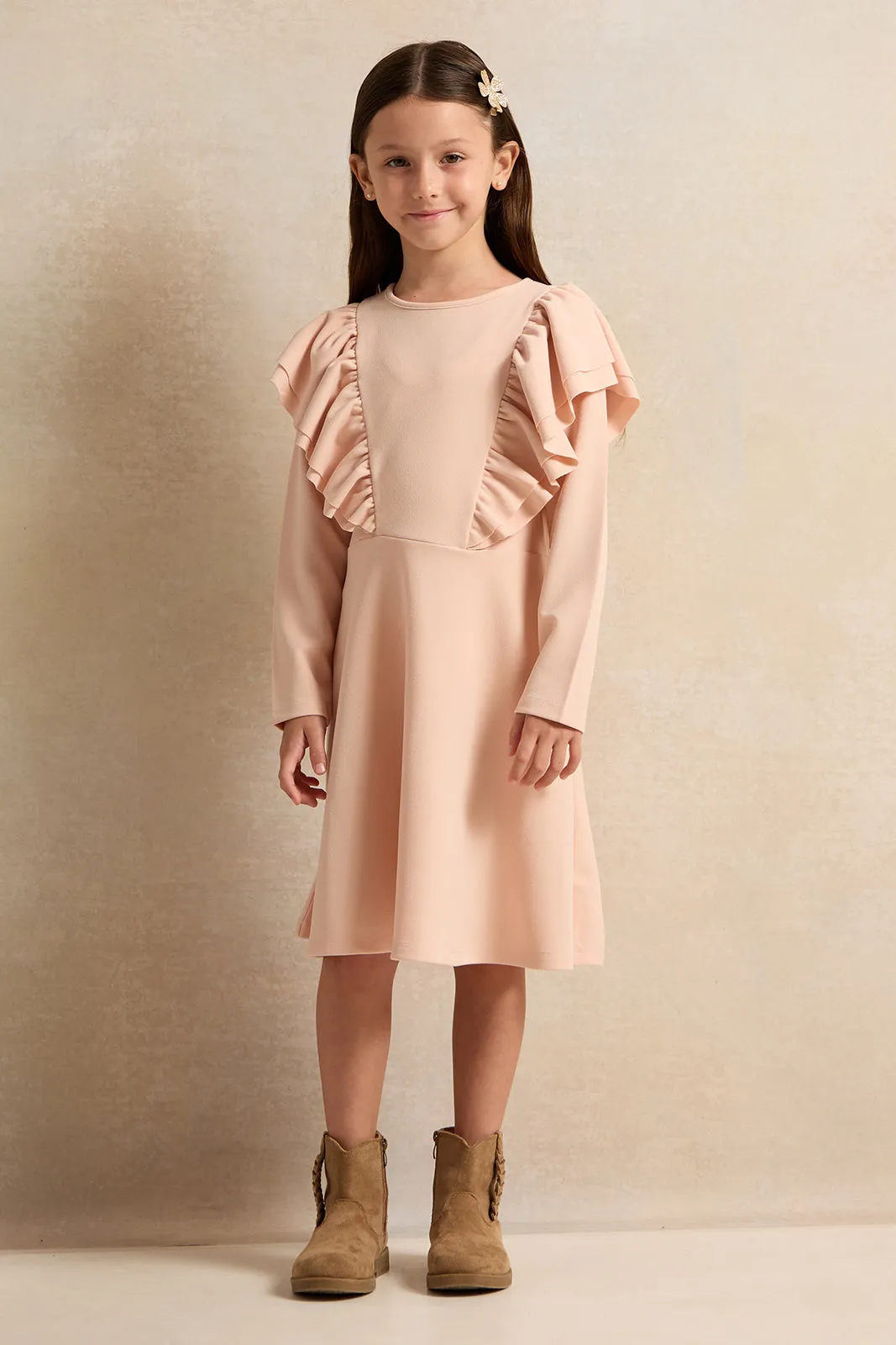 Girls Peach Frill Long Sleeves Dress