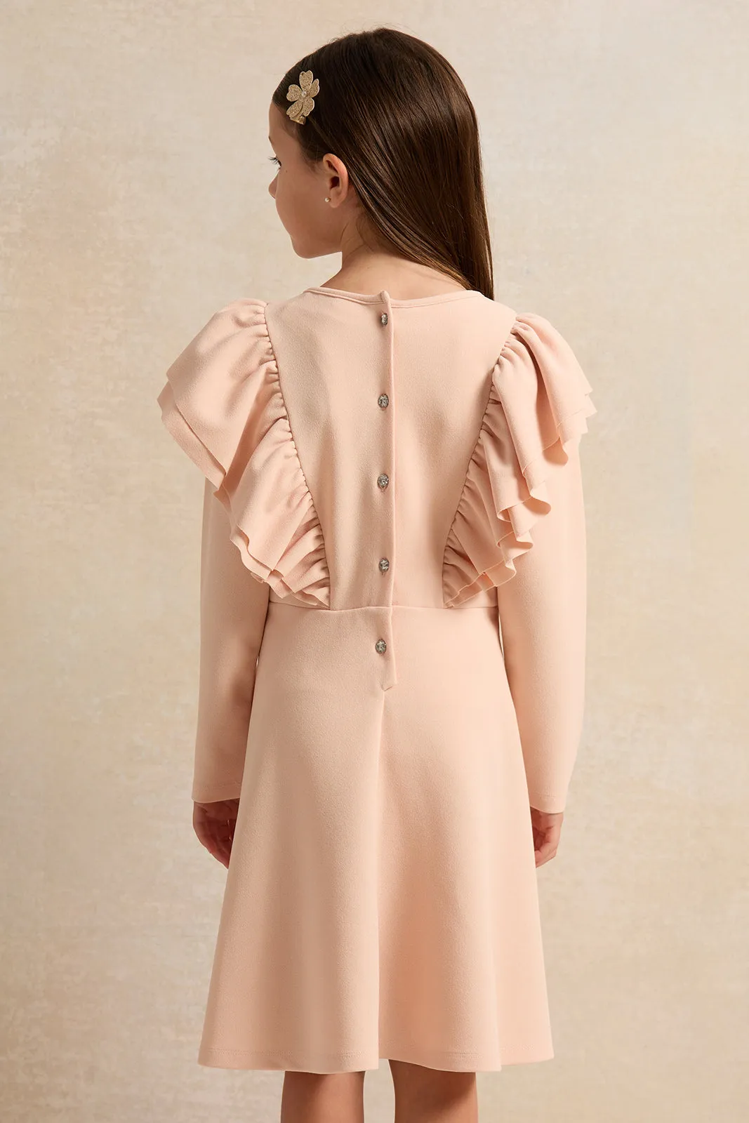 Girls Peach Frill Long Sleeves Dress