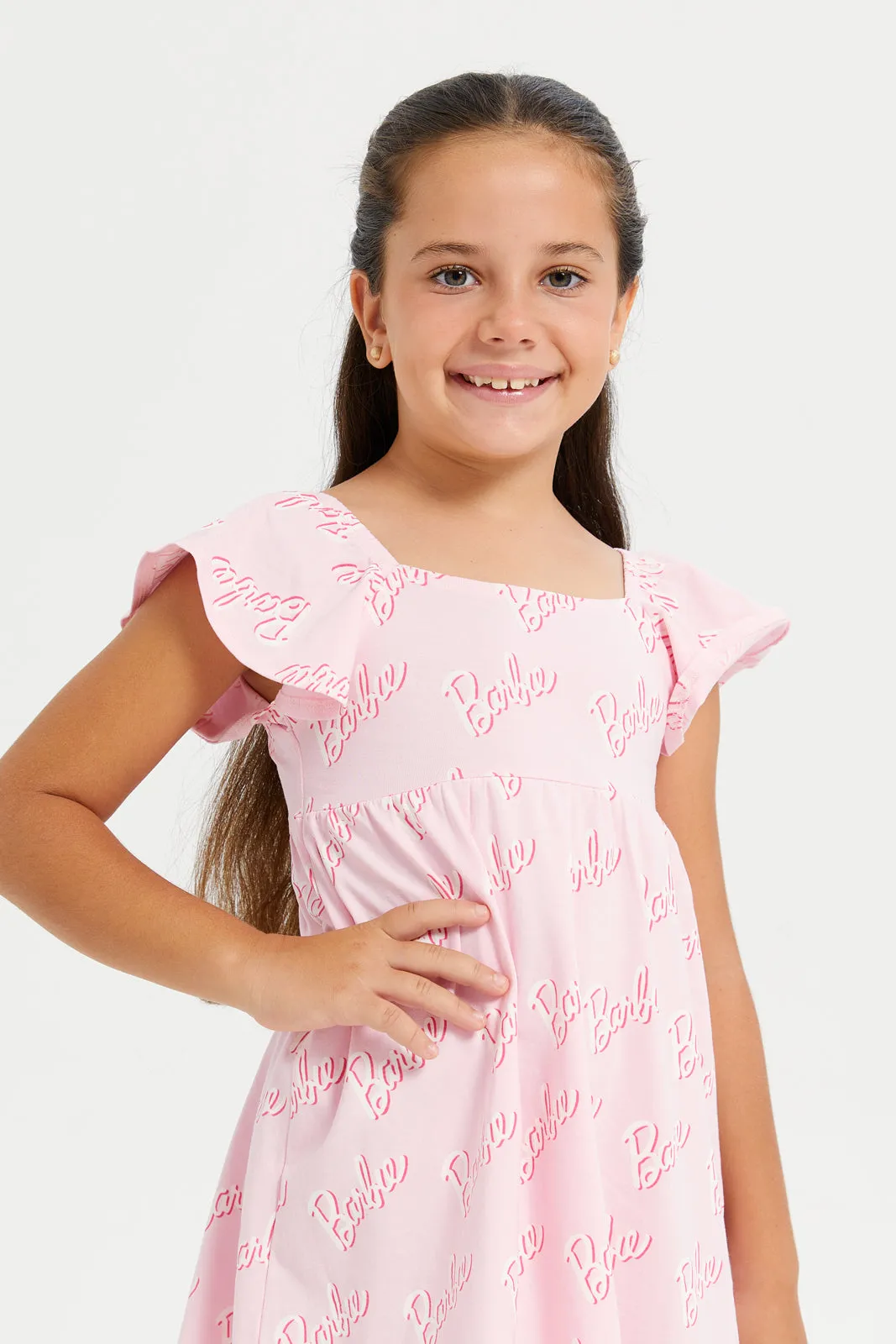 Girls Pink Barbie Flatter Sleeve Dress