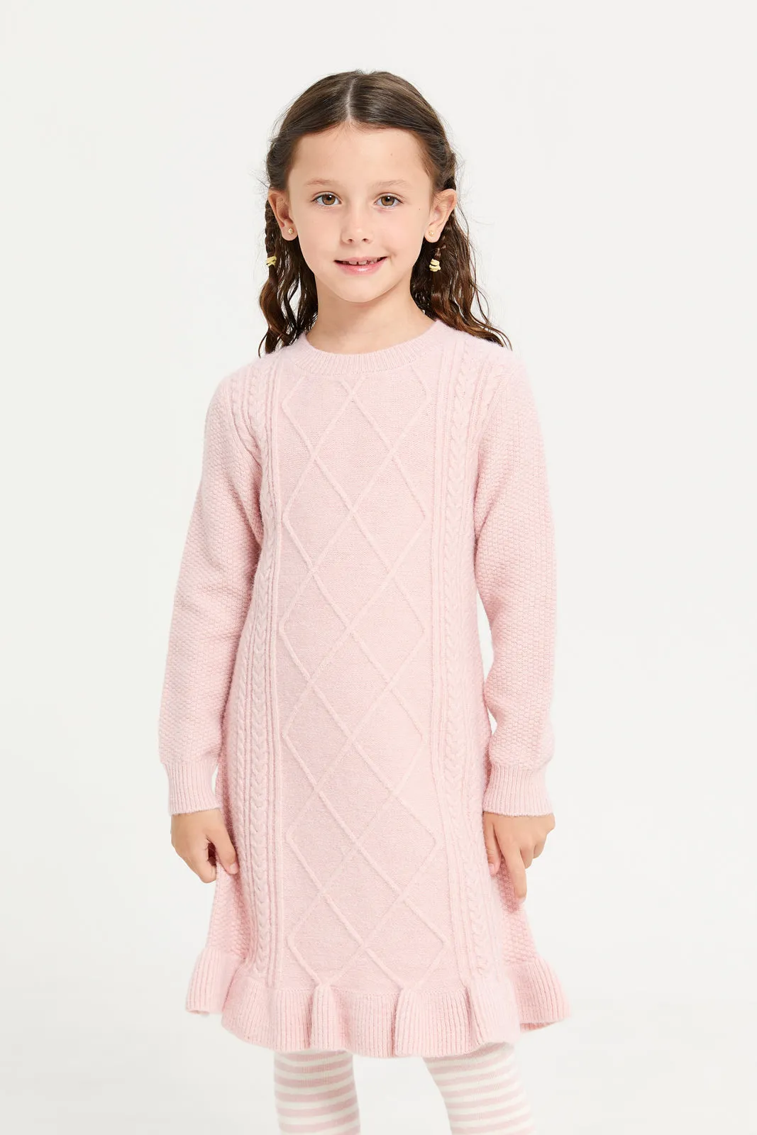 Girls Pink Knitted Dress With Stockings (2 Piece)