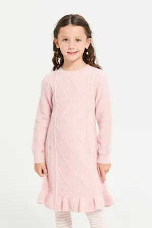 Girls Pink Knitted Dress With Stockings (2 Piece)