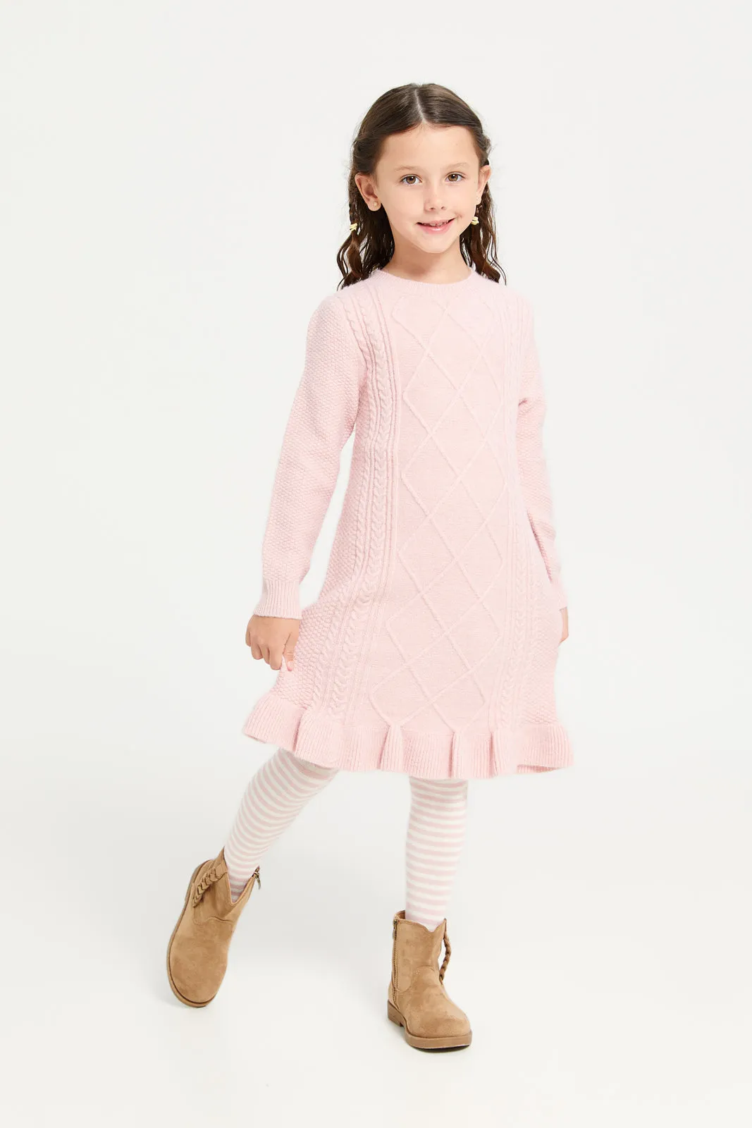 Girls Pink Knitted Dress With Stockings (2 Piece)