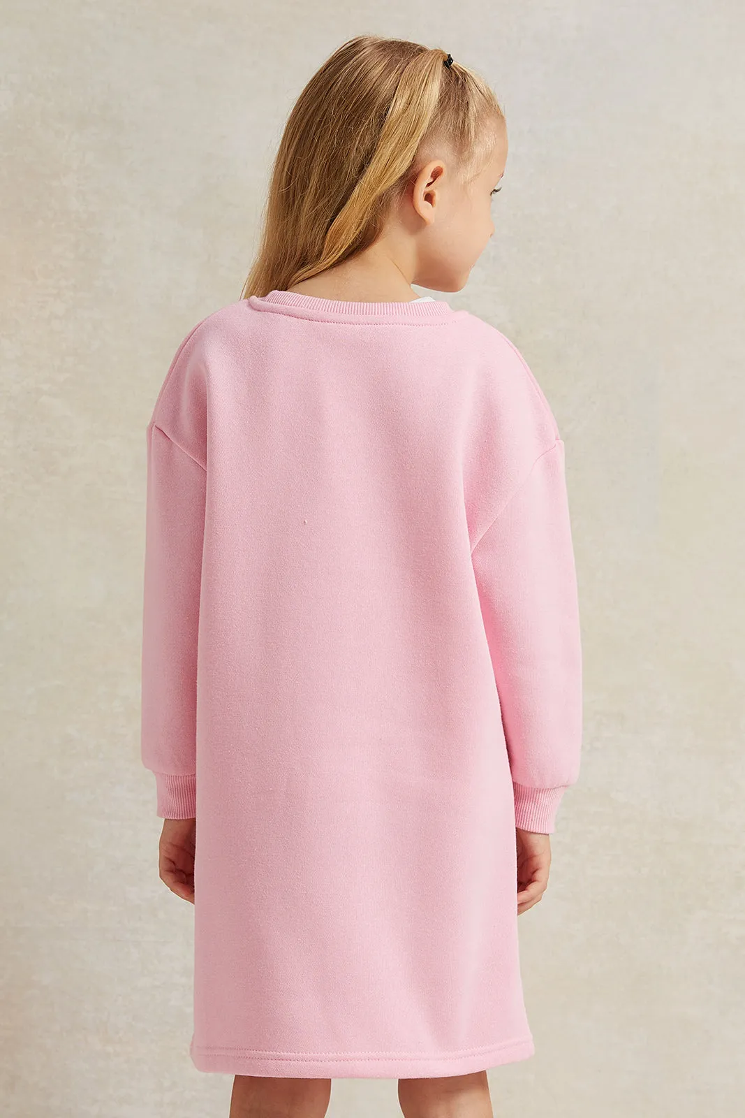 Girls Pink Printed Sweatshirt Dress