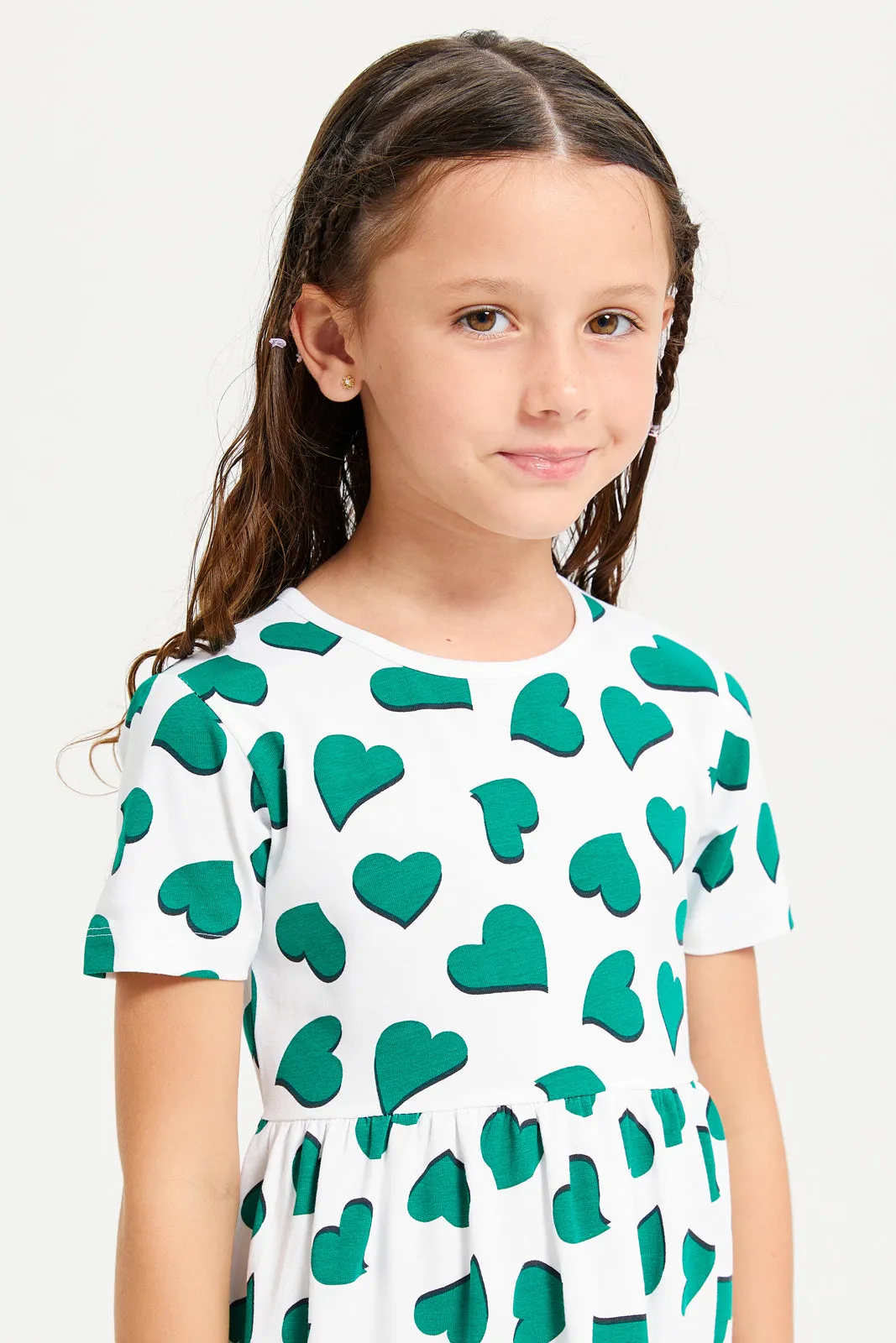 Girls White Heart Printed Dress