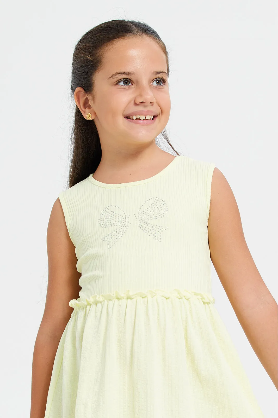 Girls Yellow Embellished With Rhinestone Dress