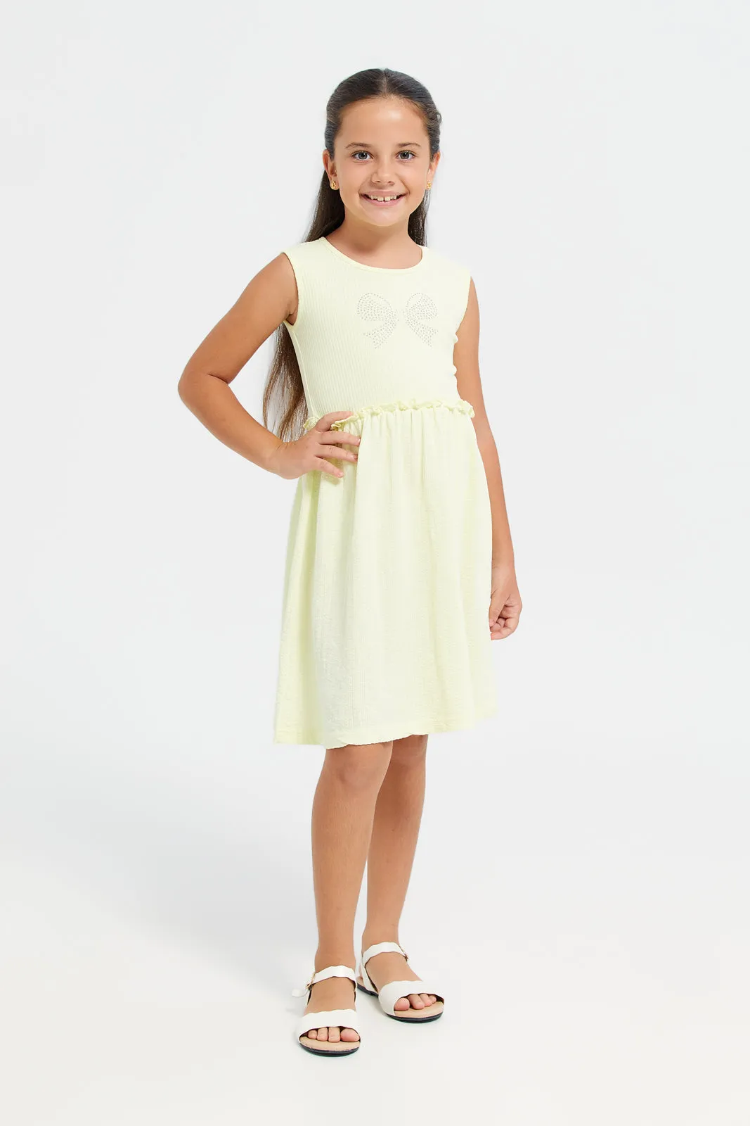 Girls Yellow Embellished With Rhinestone Dress