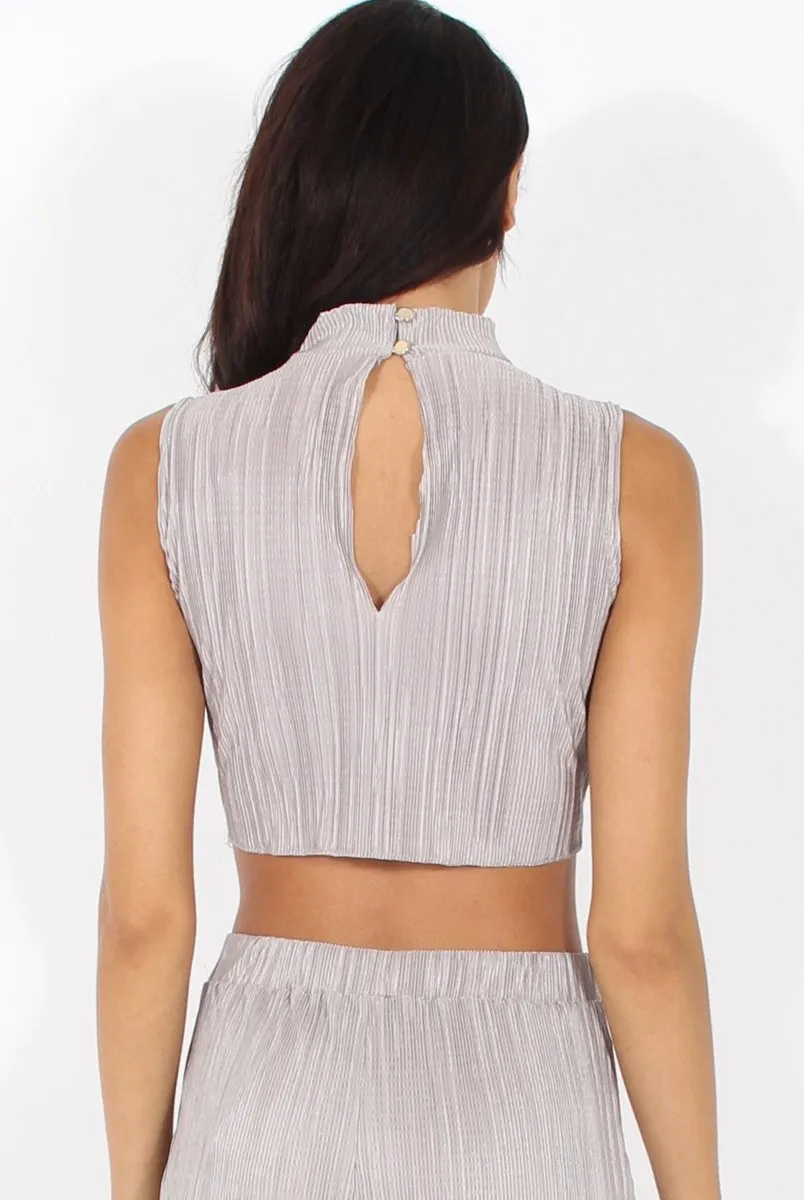 Grey Metallic Pleated High Neck Cut Out Crop Top - Polly