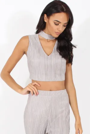 Grey Metallic Pleated High Neck Cut Out Crop Top - Polly