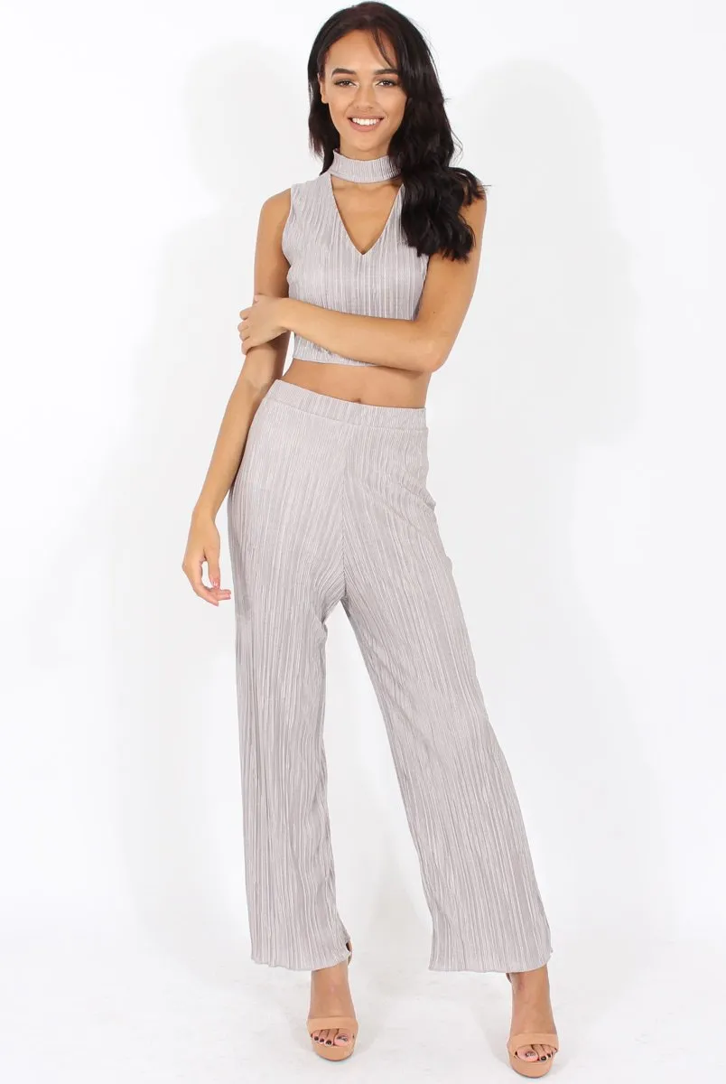 Grey Metallic Pleated High Neck Cut Out Crop Top - Polly