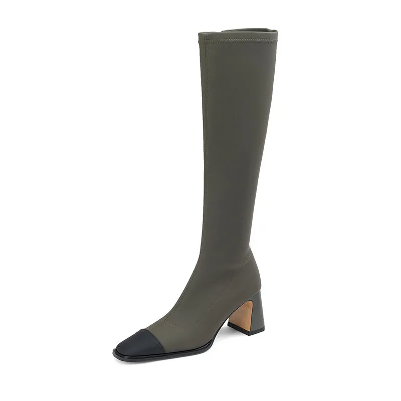 Hala Square Toe Military Green Knee High Boots