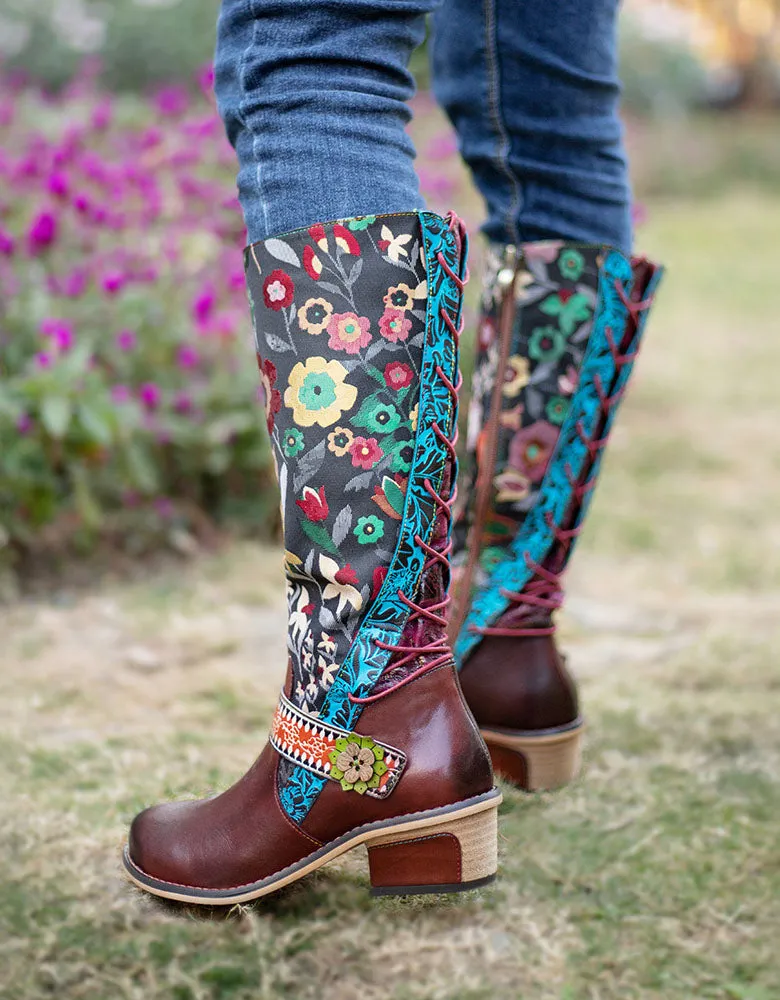 Handmade Floral Vintage Long Boots 36-42