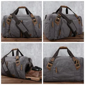 Handmade Leather Weekender, Canvas Duffle Bag, Personalized Travel Bag, Overnight Bag, Overnight Bag with Shoes Compartment