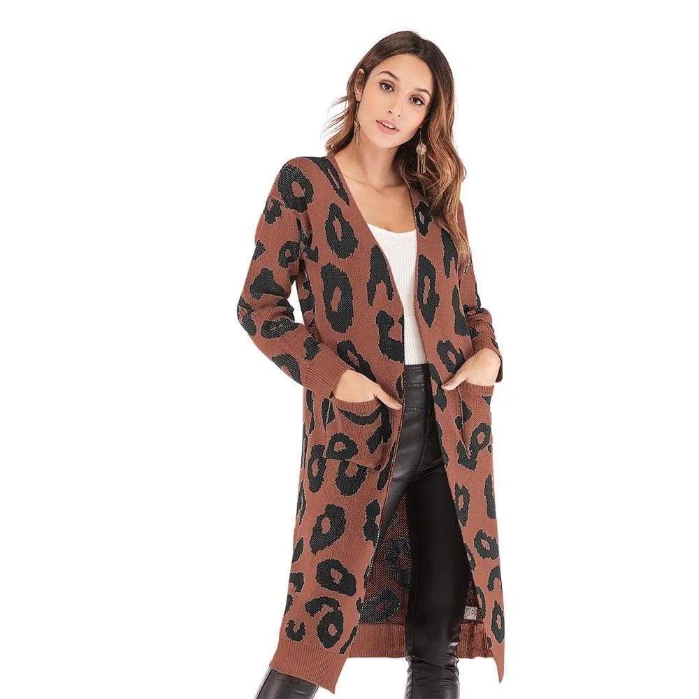 Haute Edition Open Front Long Length Sweater Knit Leopard Print Cardigan