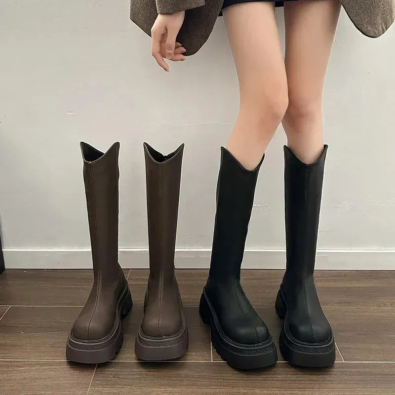 Hnzxzm Chunky Women Knee High Boots Fashion Back Zippers Knight Long Booties Square High Heels Autumn Winter Shoes