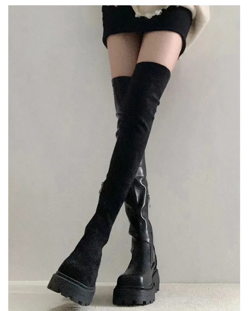 Hnzxzm Stretch Slim Women Over the Knee High Boots Fashion Soft Leather Shoes Autumn Winter Thick Heel Ladies Knight Long Booties